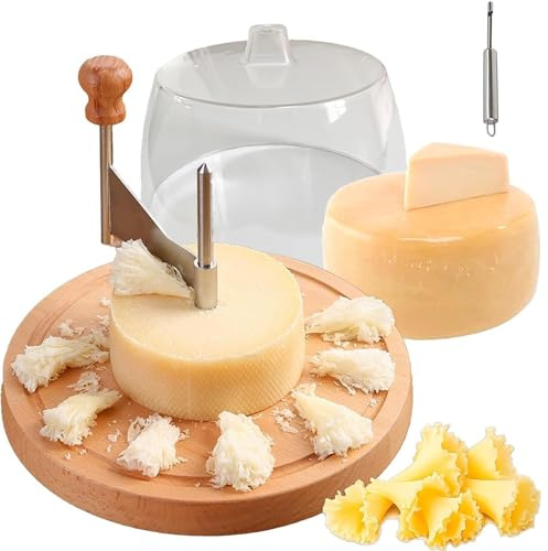 Nenkarn Cheese Curler Wheel with Lid - Stainless Steel Girolle Cheese Shaver Tool with Wood Base - Round Floral Slicer Maker for Tête de Moine, Hard Cheeses & Chocolate