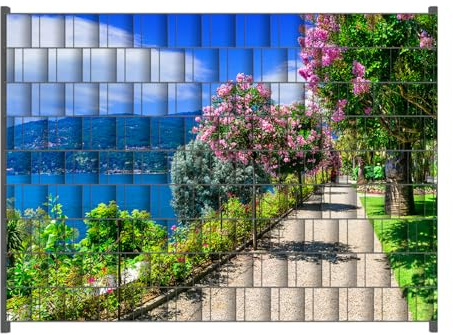 Wallario Zaun Sichtschutz Windschutz für EIN- und Doppelstabmattenzäune in der Größe Breite 2,50m x Höhe 1,80m, Motiv: Blütenpromenade am Seeufer