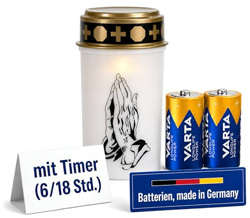 Fachhandel Plus LED Grablicht mit Timer 6/18 Std Motivwahl Grabkerze LED mit Batterie inklusive 2x Varta Longlife C LR14 für Friedhof Gedenkplatz und Außenbereich (Weiß, betende Hände)