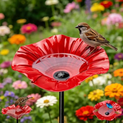 Metallblommor trädgårdsplugg stående fågelbad, bibad och insektssprickar för bin och fjärilar, handgjord trädgårdsdekoration för terrass och gräsmatta