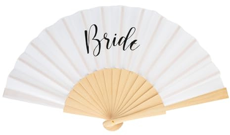 Gaomumu White Bride Hand Fan, Folding Hand Fans, Printed with Word Bride Wood Fan, Hen Party Favors for Bridesmaids, Decorative Accessory for Wedding and Themed Events
