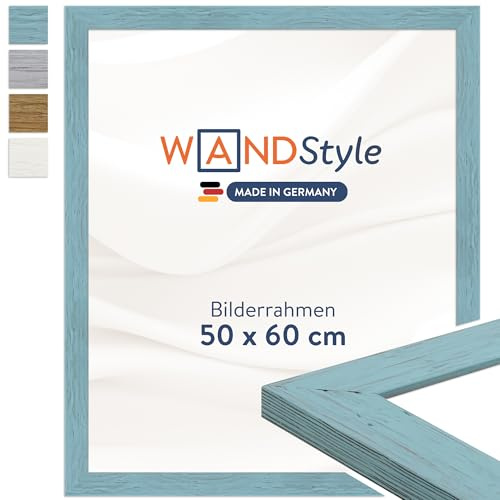 WANDStyle Bilderrahmen 50x60 Blau, Landhausstil Bilderrahmen Holz, hochwertiger Holzbilderrahmen, Posterrahmen zum Aufhängen, Rahmen 60x50 cm, Fotorahmen H750 - Made in Germany