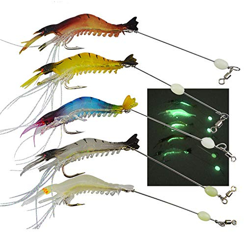 Senven Künstlicher Garnelenköder, Angelköder, Angelköder Form Luminous Bionic Shrimp für das Angeln im Freien, Angelköder weich mit Haken Angelhaken - 5 Pcs