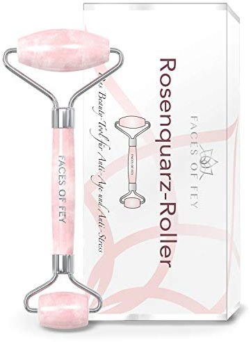 Rosenquarzroller FACES OF FEY – Premium Gesichtsroller aus echtem Rosenquarz – hochwertiger Beauty-Roller zur Massage für das Gesicht