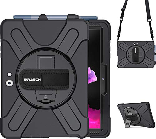BRAECN Cover Compatibile con Microsoft Surface Go 4 / Go 3 / Go 2 / Go | 10.5 Pollici,Antiurto Robusto Custodia con Supporto Girevole a 360°, Cinghia a Mano e Tracolla,2023/2021/2020/2018 Nero
