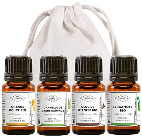 MyCosmetik - Pack pain d'épices & cocooning - Lot de 4 huiles essentielles BIO à diffuser - Orange Douce - Cannelle de Chine sauvage - Clou de Girofle - Bergamote - 4 x 5 ml + Pochon 100% coton