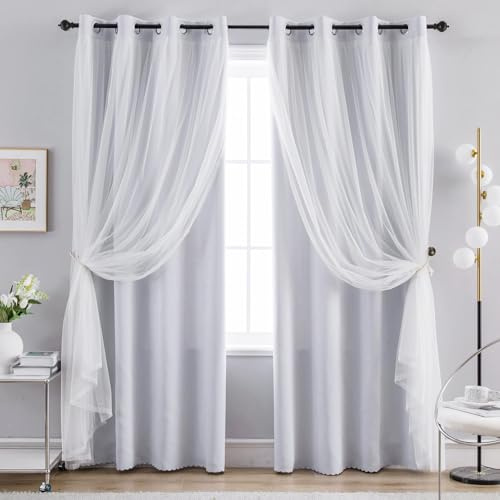 Anytime Home Curtains Blackout and Sheer Layered Solid Window Curtain Panel Pair with Grommet Top, 52Wx84L,Greyish White