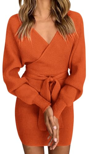 Vancavoo Vestido de Punto para Mujer Vestido de Manga Larga con Cuello en V Corto de Suéter sin Espalda Jersey de Punto con Cinturón Elegante para Otoño Invierno