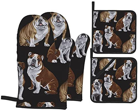Ofenhandschuhe und Topflappen, Motiv englische Bulldoggen, 4 Stück, hitzebeständig, rutschfest, wasserdicht, zum Backen, Kochen, Grillen