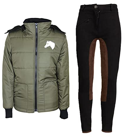 MS-Trachten Reitset Kinder Winter Reitjacke Mia oliv grün gesteppt mit Reithose schwarz/braun (146/152)