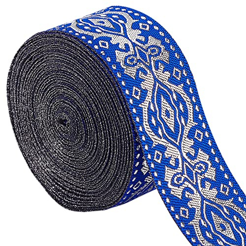 GORGECRAFT Cinta Jacquard Étnica de 33 mm de Ancho Doble Lado Azul Bordado Floral Cintas Tejidas de Poliéster Banda de Flecos Plateada para Manualidades de Costura DIY Ropa Cortina Accesorios