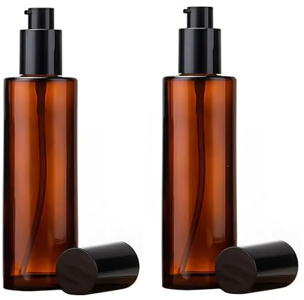 2 botellas vacías de 120 ml / 4 onzas, botes vacios para rellenar, rellenables, de vidrio ámbar, dispensadores de jabón, recipientes con tapa negra para base, crema, maquillaje, aceite y champú