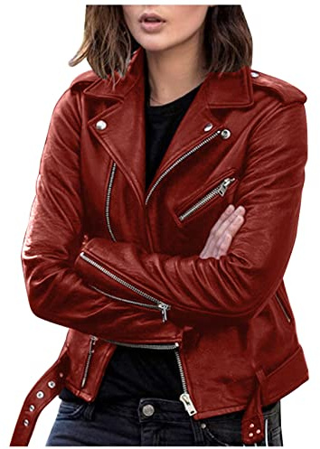 EMUKFD Chaquetas de cuero sintético para mujer, talla grande, abrigo corto ligero vegano de piel sintética a la moda, ajustado, con bolsillos con cremallera, chaquetas de piel para mujer