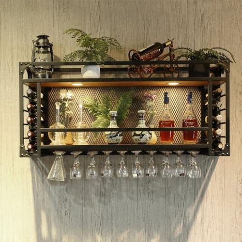Weinregal Wand Schwarz Flaschenregal Schmal Weinregal Metall mit Weinglashalter Wine Rack Weinschrank Weinflaschenhalter Barschrank Bar Regal Getränkeregal Wandmontage für Bartheke Wohnzimmer Küche (
