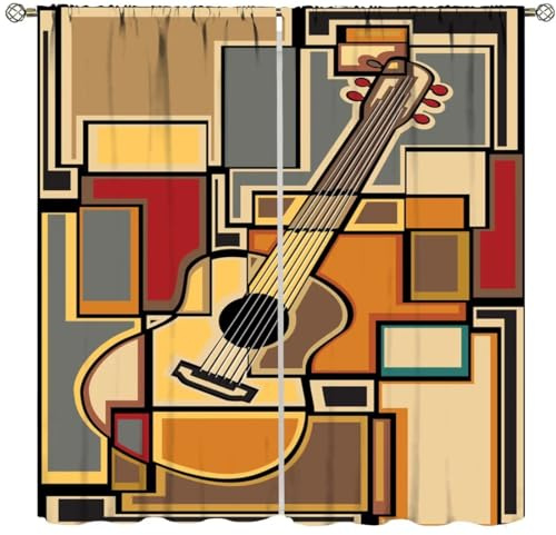 Guitar Music Curtains,Musical Theme Colorful Mosaic Abstract Geometric Window Treatments for Bedroom Living Room Music Room Window Drapes 2 Panel Set,Total Size 42 x 63 Inch