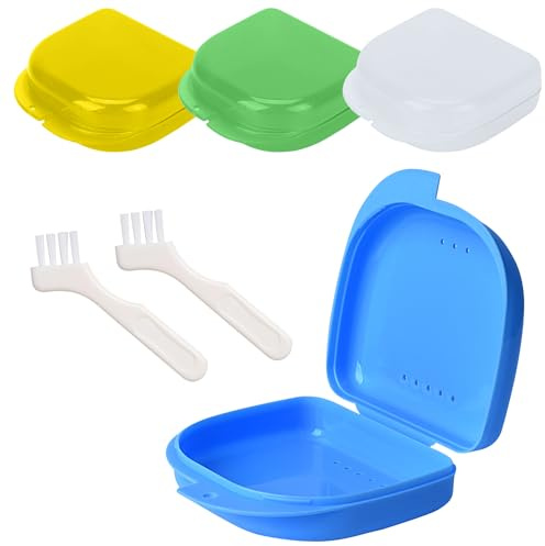Jdacla® Pack 4 Cajas para Férula Dental + 2 Minicepillos de Regalo/Cajas de Ortodoncia Ventiladas de PP de Calidad/Cajas Invisalign de Diferentes Colores (AMARILLO/BLANCO/AZUL/VERDE)