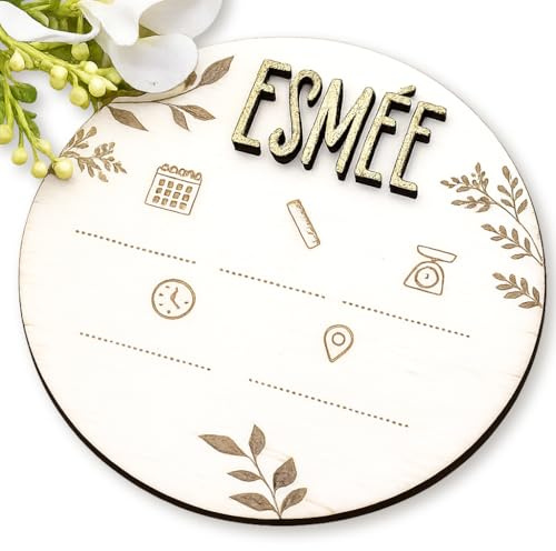 Carte bienvenue bébé rond en bois, prénom personnalisable, texte à remplir, taille poids, date, heure, lieu, panneau séance photo de naissance, idée cadeau,décoration champêtre, souvenir