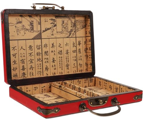 DIYEAH Mahjong Box Wooden Rectangle Storage Case with Red Dragon Phoenix Pattern Handheld Vintage Style Large Capacity Box for Mahjong Tiles