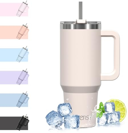 WATERSY Tazza Termica 1182ml con Manico e Cannuccia - Bicchiere Termico Grande in Acciaio Inox a Doppia Parete, Tazza Mug Termica 40oz Mantiene Freddo 12h/Caldo 6h, per Ufficio, Auto e Viaggi, Beige