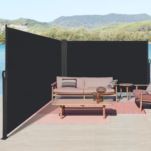 Kidsgigglz Doppelseitenmarkise Ausziehbar,180x600cm Blickdichter Sichtschutz,Sonnenschutz,Windschutz,Wasserdicht, Alu Ausziehbare Markise mit Halterung,Seitenrollo für Balkon,Terrasse,Garten,Anthrazit