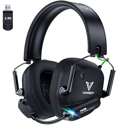 Vakedy Casque de jeu sans fil pour PC, PS5, PS4, Mac, Switch, Dongle USB 2,4 GHz avec micro, Bluetooth 5.4, pilote de 50 mm, son stéréo, éclairage froid, batterie 50H, noir/vert