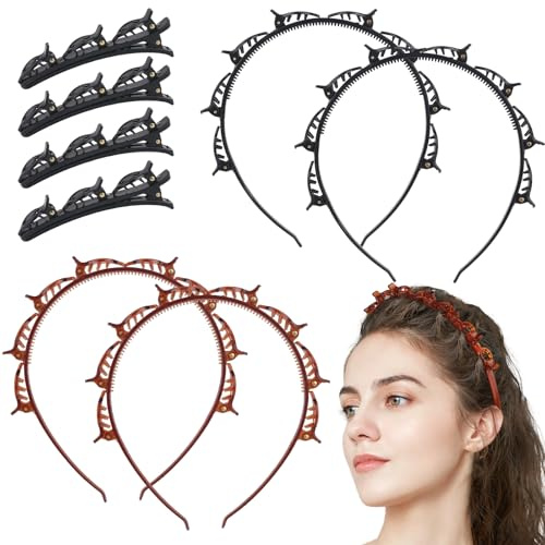 4 Stück Haarreif mit Klammern, Geflochtene Haarreifen mit Klammern, Bangs Headband with Clips, Haarreif mit Clips mit 4 Haarspangen für Damen, Mädchen (Schwarz+Braun)