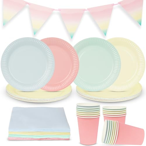 Talking Tables Pastell-Partydekorationen für 16 Gäste, Geburtstag, Nachmittagstee, Partyzubehör, Babyparty, Pappteller, Einwegservietten, Pappbecher, Tischdecke, Regenbogenparty