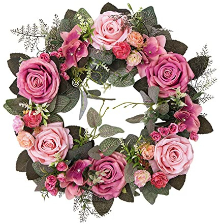 predolo 45 cm Künstlicher Blumenkranz für die Tür, Künstliche Rose Kranz für Haustür, Realistischer Blumen Türkranz Seidenblume Saisonale Kränze - Schöne Dekoration für Hochzeiten und Feste, ROSA