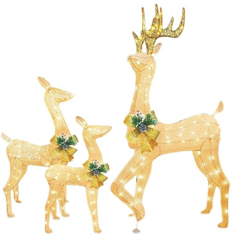 Cervo illuminato natalizio con renna | Cervo illuminato in acrilico con luci LED - Set di 3 luci a LED per interni ed esterni