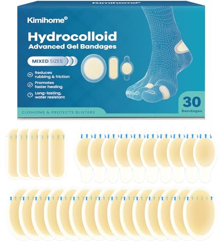 Hydrocolloid Blister Bandages for Feet - 30ct Gel Blister Cushions for Heel, Toe - Blister Prevention for Travel - Water Resistant Bandages Pads(Variety Pack)