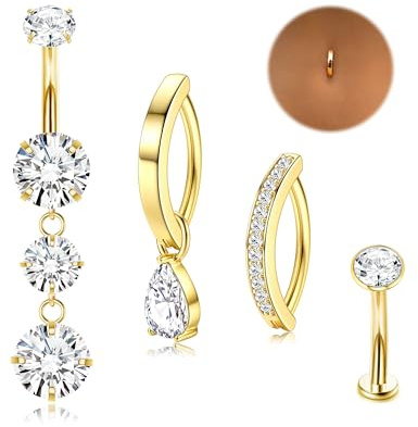 Chriscoco Belly Button-stänger, 14 g, kirurgisk rostfritt stål, navelpiercing, allergivänlig klickare, navelring, silver/guld, dinglande belly, barer kubisk zirkonia, navelpiercing, smycken för