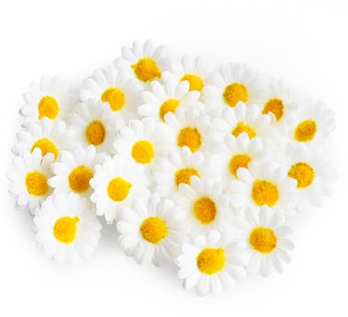 sesameless Easter Decorations 25PCS Daisy Flower Heads Artificial Fake Gerbera Petals White Silk Bulk Flower Heads Decorative Daisies for Crafts Wreath Easter Bonnet for Adults