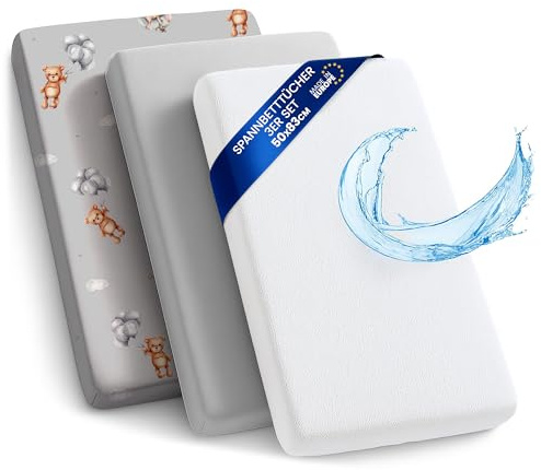 Barnvagnslakan barn resårslakan 3-pack: Set om 3: 50x83 cm- 2x lakan + 1x vattentätt madrasskydd - Spjälsängstillbehör för barnsäng, sidovagn babysäng 50 x 83