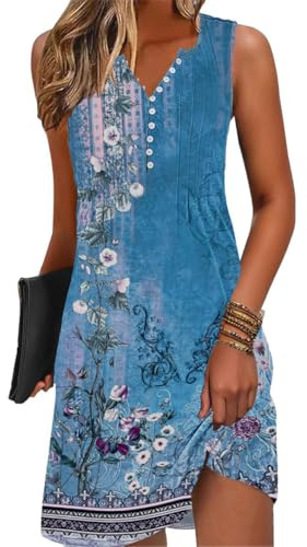 GRMLRPT Robe Été Femme de Plage Bohème Rétro Robes Col V Robes au Genou sans Manches Imprimé Floral Casual Tuniques Ample(Multicolore,S-XXL)