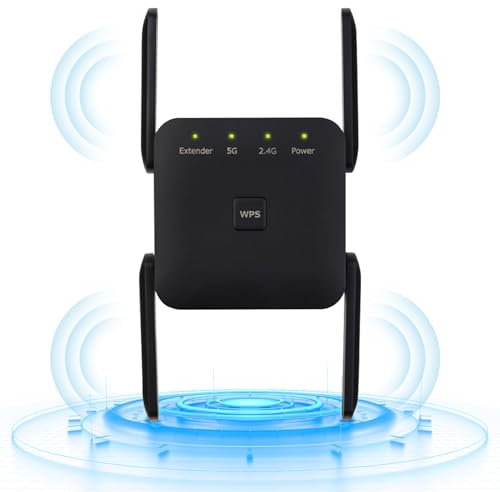 Anluomafuy Répéteur d'extension de réseau WiFi, 1200 Mbps Amplifier, double bande, 5 GHz et 2,4 GHz, Powerful Repeater with Ethernet Port, Compatible with All Internet Boxes, Installation facile (Noir