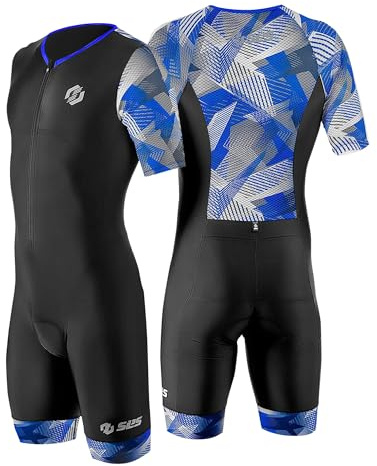 SLS3 Mens Triathlon Suit - Tri Suit Mens Short Sleeve - Breathable, Quick Drying Trisuit with 2 Pockets, Custom Padding for Cycling, Swimming & Running, Aero Design (Blue Edge, L)