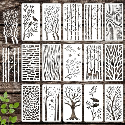 INFUNLY 15 Stück Baum Wand Schablone Zum Malen 3.9×7.87 Wiederverwendbare Äste Wand Schablonen Vogel Texturmalschablone Kleine Wände Vorlagen Für Kartenherstellung Zement Holzmöbel Schlafzimmer Dekor