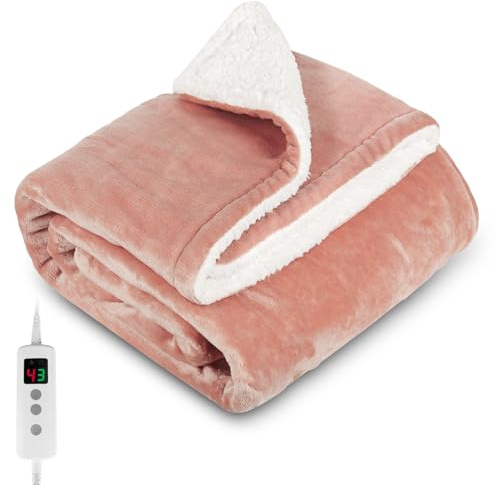 PROALLER Coperta riscaldata elettrica, 160 x 130 cm, rosa, 10 livelli e timer da 1 a 9 ore, lavabile in lavatrice, morbida flanella Sherpa e riscaldamento completo, divano letto, ufficio, coperta