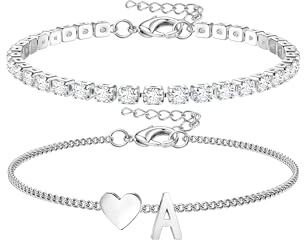 Chriscoco Bracciale Donna Argento Personalizzato Bracciali Con Iniziali Lettera Set Bracciali Acciaio Inossidabile Bracciale Tennis Cuore Braccialetti Per Donne Ragazze