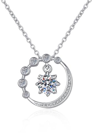 Mesnt Halskette Weißgold Damen, Frauen Collier aus 18 Karat Weißgold Mond Stars Anhänger mit Labordiamant