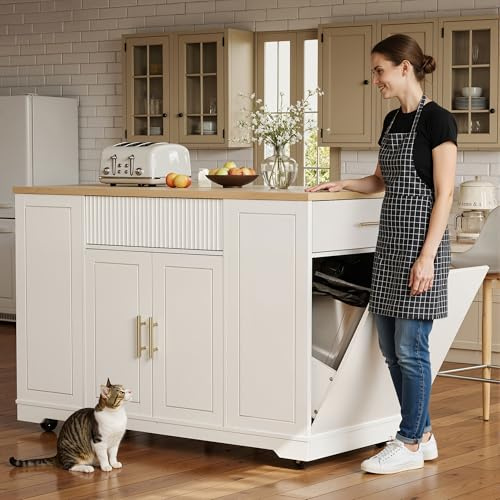 Lahoomu Kücheninsel, Küchenschrank, Buffetschrank, Servierwagen, Küchenwagen mit Rollen, mit Abfallbehälterfach, verstellbaren Einlegeböden, Weiß