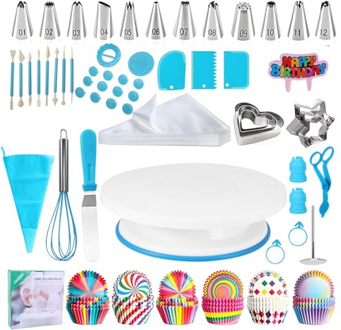Cake Decorating Tools Supplies Kit, WIGUROE Cake Decorating Kit, 255pcs Cake Making Kit Baking Supplies Tools with Cake Turntable for Decorating, Pastry Piping Bag for Beginner (Blue)