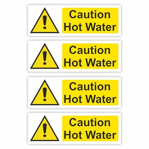 Caution Hot Water Self-Adhesive Signs (4-Pack) / 5x15cm Each (Pack of 4) / Landscape Orientation Removable & Wipeable/Indoor or Outdoor Stickers/Gloss Finish/Hot Water Stickers