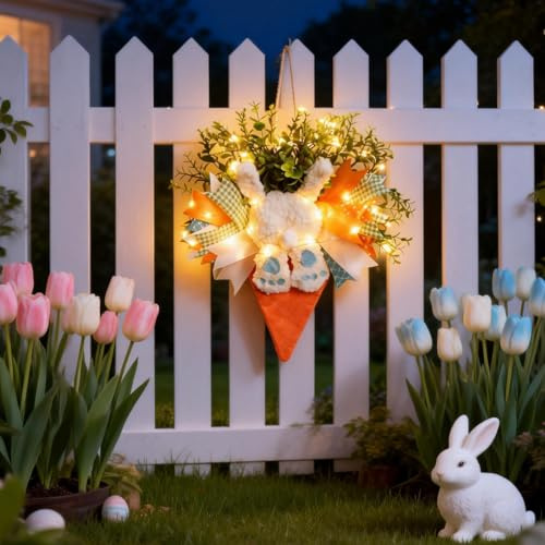 Türkranz Ostern Haustür mit LED Licht 45cm Ostern Deko Türkranz Osterkranz Haustür mit Hase Osterdeko zum Aufhängen Kranz Osterkränze Ostereikranz für Osterdeko Innen Frühlingsdeko (A)