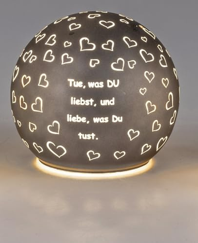 Formano 1 Stück Deko-Licht Kugel braun mit LED-Licht + Timer 10cm aus Farbglas in geeister Optik mit Spruch: Tue, was Du liebst,..., für 3X AA Batterien Dekoration Fenster Schmuck Fensterkugel