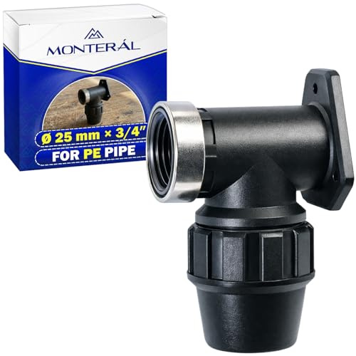 Verschraubung Ø 25 mm x 3/4″ Winkel 90° mit Wandhalterung und Innengewinde | Verstärkt mit Verzinktem Stahlring aus Polypropylen PP Fitting für die Verbindung von Polyethylen PE Rohr - MONTERAL
