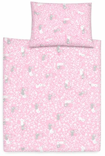 Babymam Baby Bedding Set 120x90cm – 2pc Organic 100% Cotton Duvet Cover & Pillowcase for Cot, Toddler, Breathable (Bunny Pink)