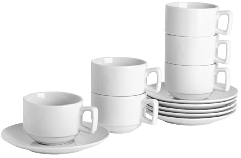 Argon Tableware 12 Piece Cappuccino Cup & Saucer Set - 200ml - Classic Collection - Stacking Tea Cup and Saucer Coffee Cappuccino Mugs Latte Drinking Mug Tea Plates