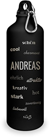 printplanet Trinkflasche mit Namen Andreas - graviert mit Positive Eigenschaften, Aluminiumflasche mit Gravur, Sportflasche - matt schwarz