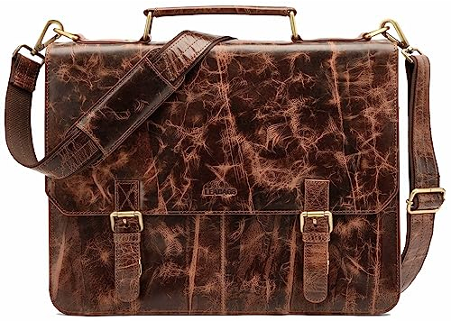 LEABAGS Leather Briefcase for Men and Women, Genuine Leather Laptop Bag up to 15 Inches, Shoulder Bag with Shoulder Strap, Messenger Bag, Work Bag, Teacher Bag, Brown Marble, Gainsville, Bohemian,
